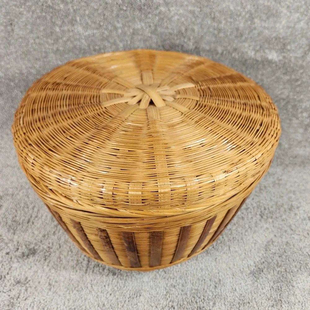 Woven Bamboo Basket Natural Tan Lidded Round Boho Storage Decor